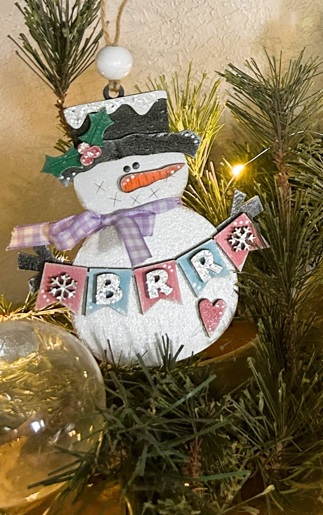 Snowman Banner Wood Christmas Ornament