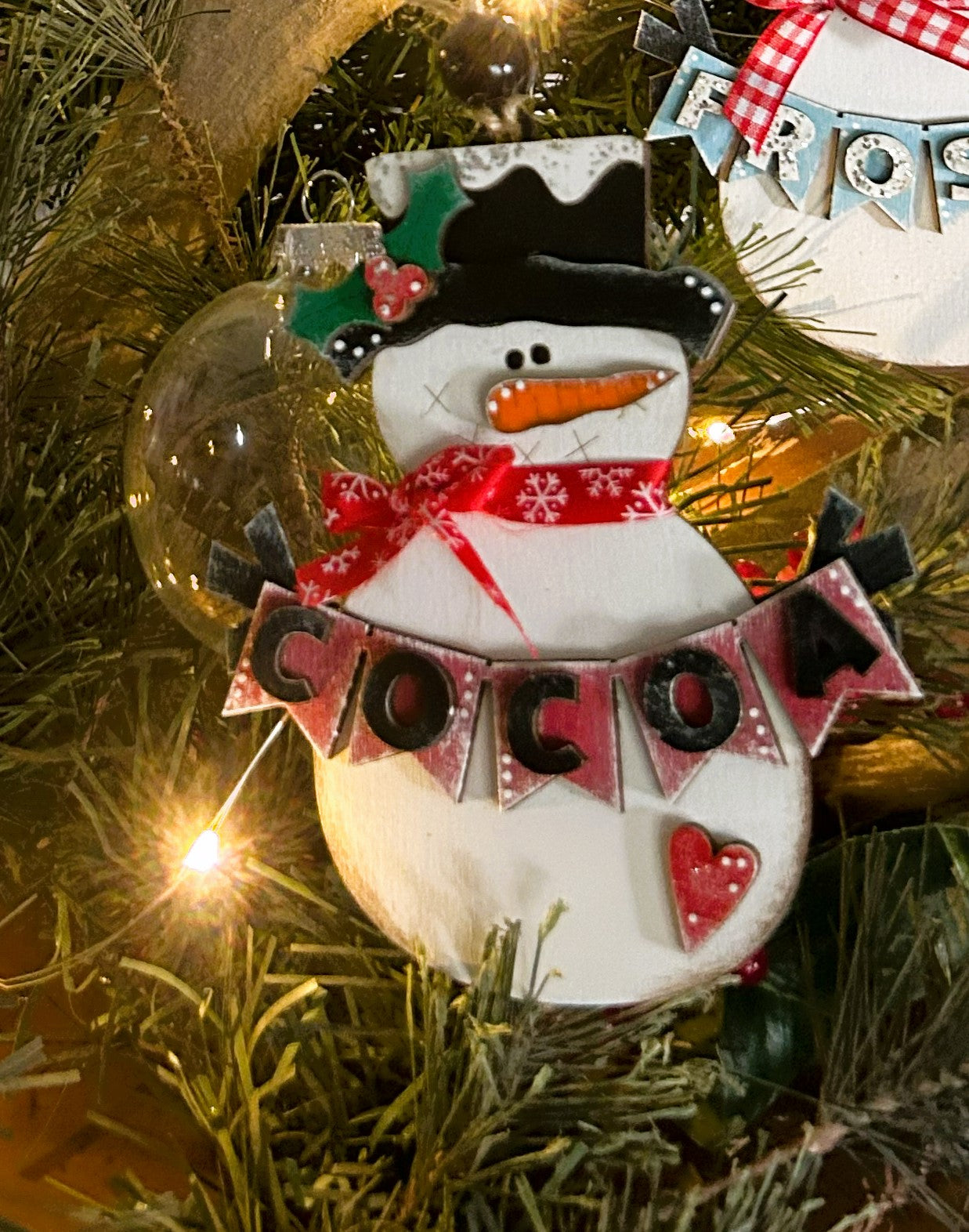 Snowman Banner Wood Christmas Ornament