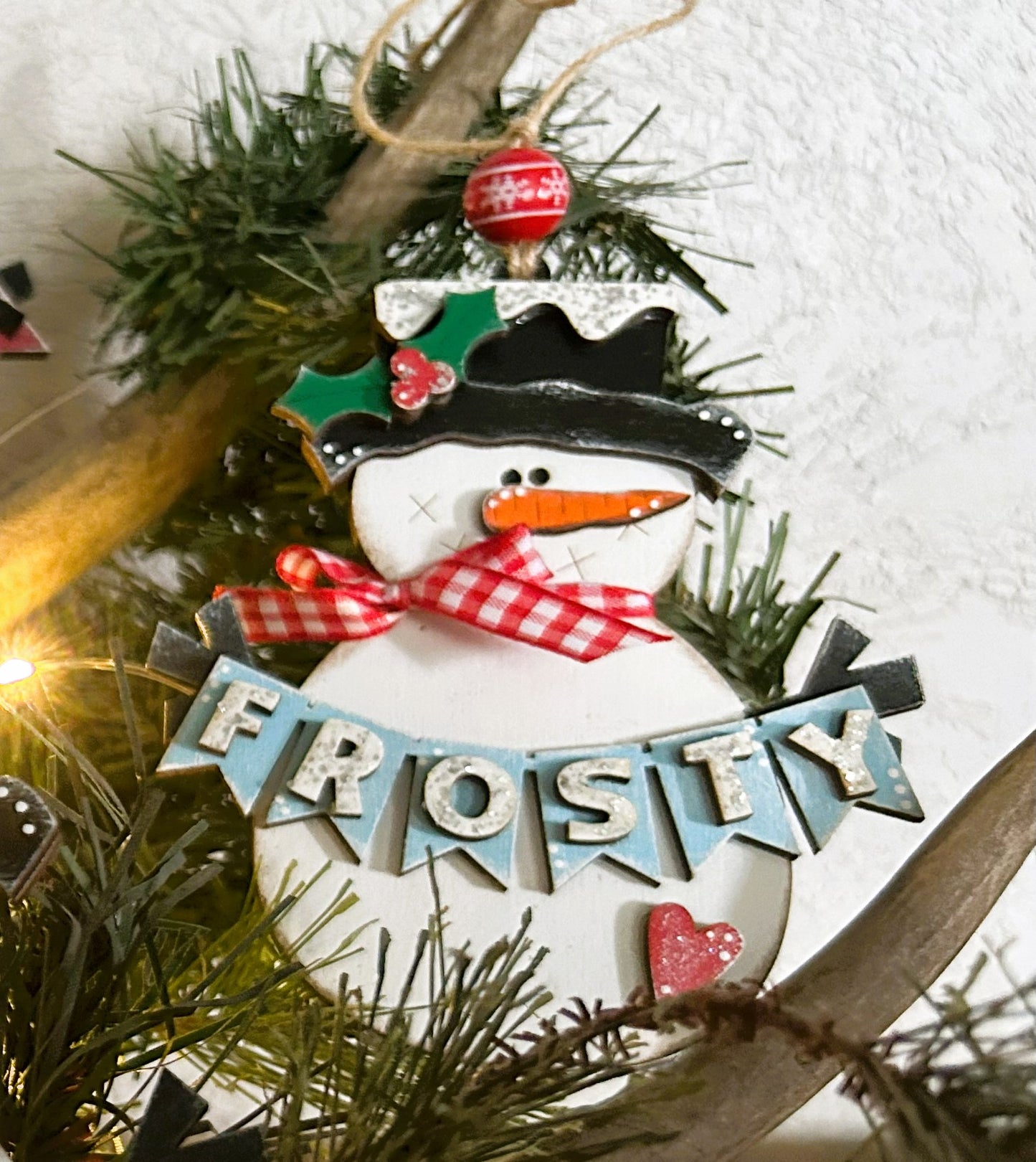 Snowman Banner Wood Christmas Ornament