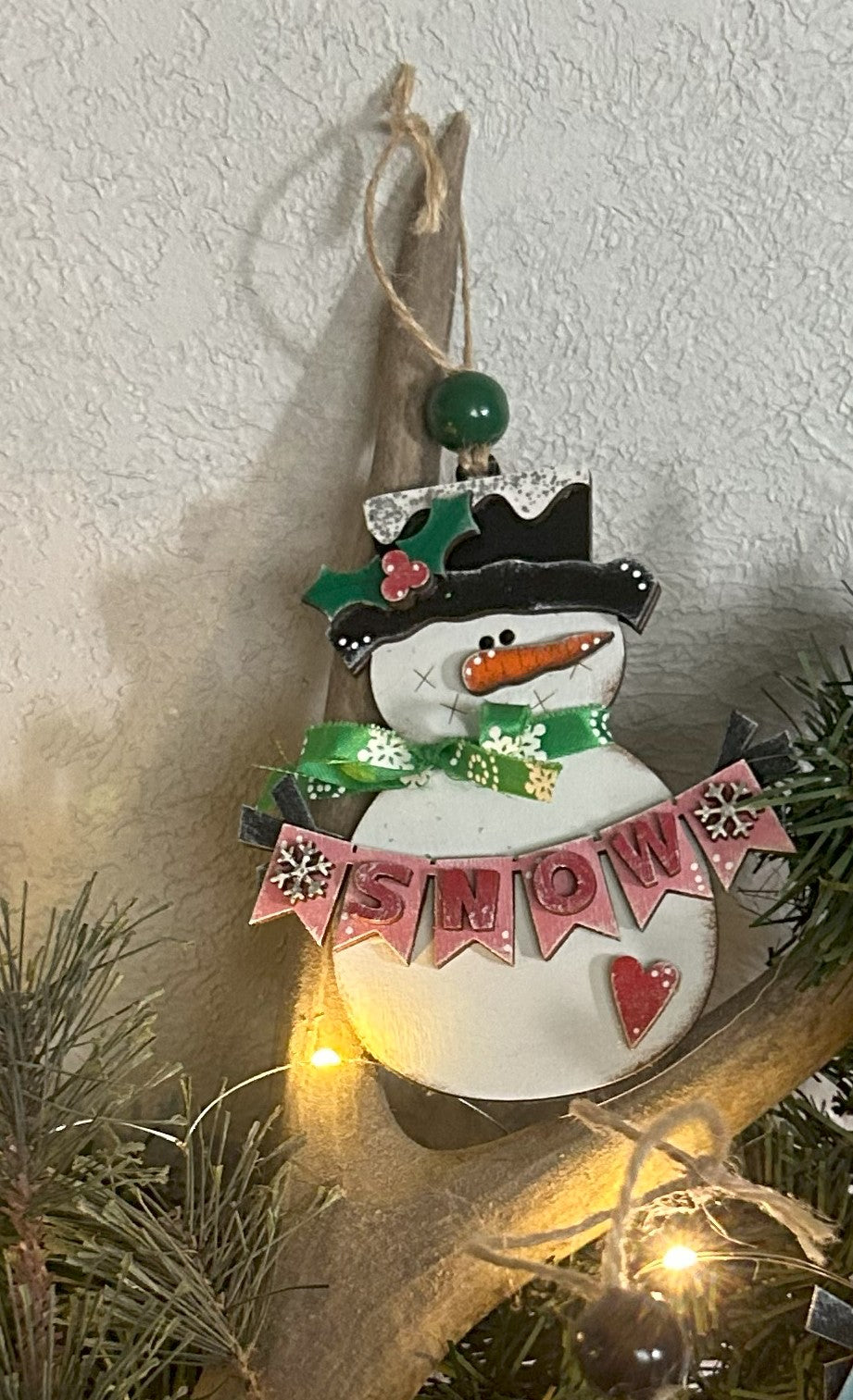 Snowman Banner Wood Christmas Ornament