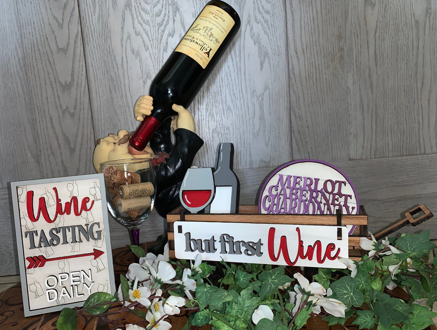 Wine/but first wine Interchangeable Wagon/Crate/Raised Shelf Sitter Insert